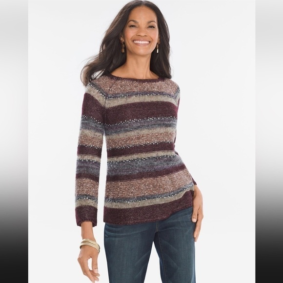 Chico’s Sz 2 LARGE (sz 12) mixed stripe pullover sweater texture mixed media - Picture 1 of 10